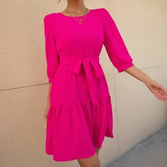 Hot Pink  Bishop Sleeve Ruffle Hem Belted Dress - Picture 4 of 12